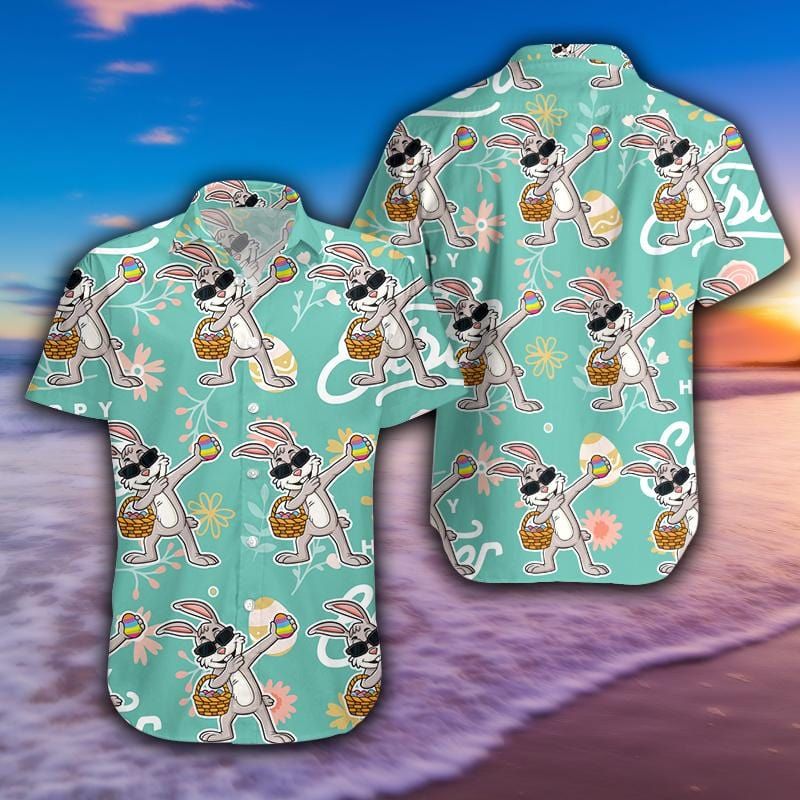 Felacia [Hawaii Shirt] Funny Dabbing Bunny With Egg Happy Easter Green Hawaiian Aloha Shirts-ZX3021